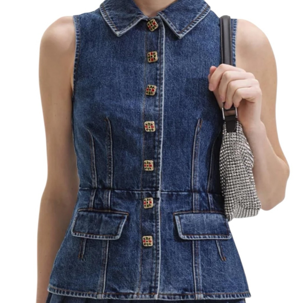 Self-Portrait Denim Vest with Embellished Buttons Size 2